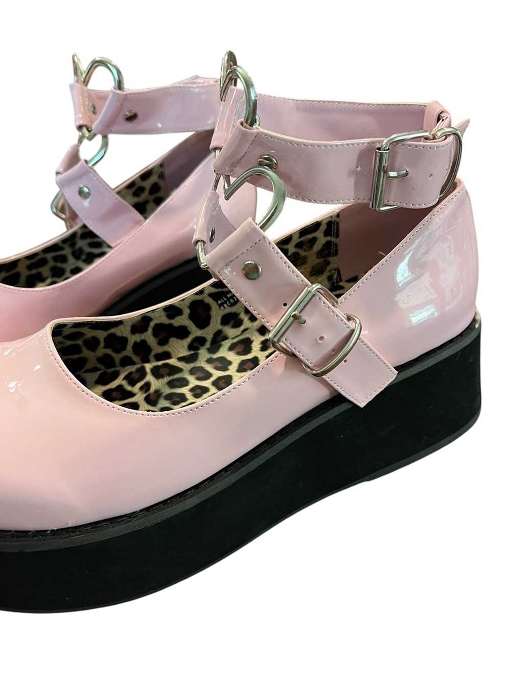 Demonia Pink Patent Platform Mary Janes Size 12 Heart Strap Goth Alt Chunky Shoe - Picture 6 of 10